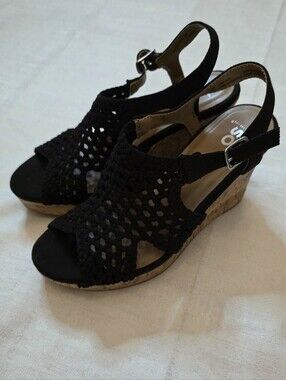 SO Taffy Black Crochet Wedge Sandals Woven Cork Platform Open Toe Size 9